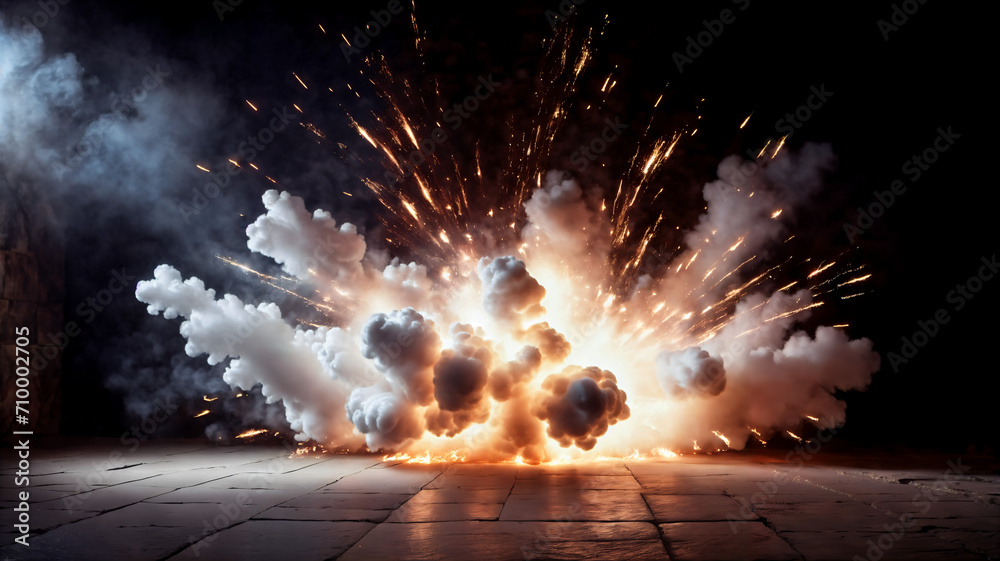 Fire sparks explosion A dark empty street, dark blue background, an ...