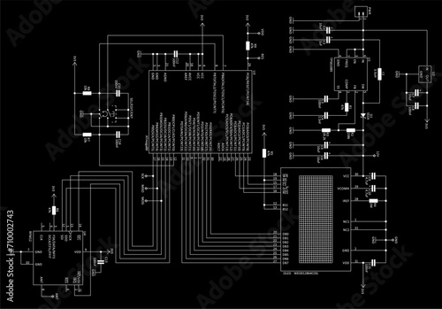 Technical schematic diagram of electronic device.
Vector drawing electrical circuit with 
micro controller, integrated circuit, capacitor, resistor,
lcd display, other electronic components. photo