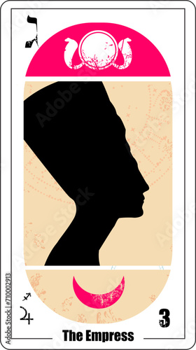Egyptian tarot card called the empress. Nefertiti silhouette.