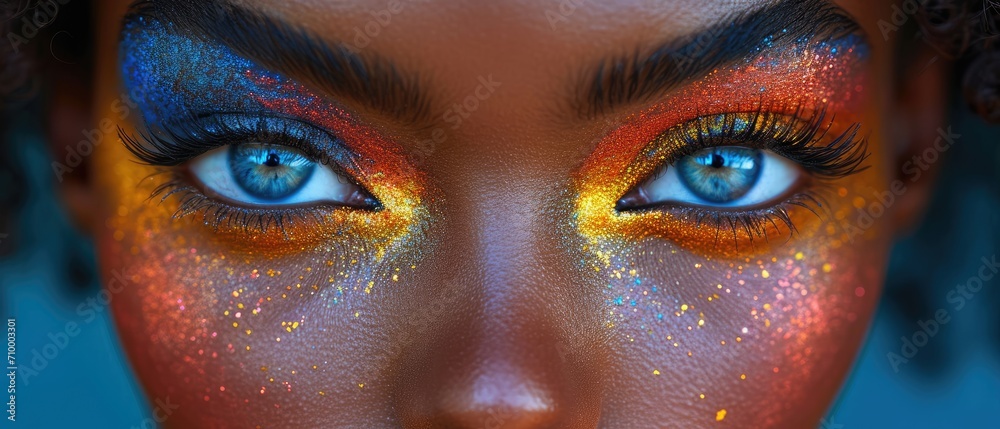 A close-up of a girl's face with vibrant, colorful makeup. Face of a person with vibrant makeup, colorful and bold makeup, focus on eyes and lips.