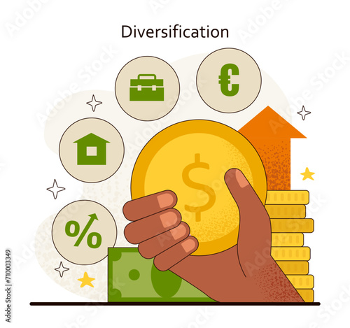 Diversification concept. Balancing financial portfolios with a mix of assets for optimal growth. Strategic investment spread. Flat vector illustration.
