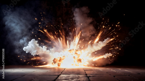 Fire sparks explosion A dark empty street, dark blue background, an empty dark scene, light, spotlights The stone floor and studio room with smoke float up the interior texture. night view