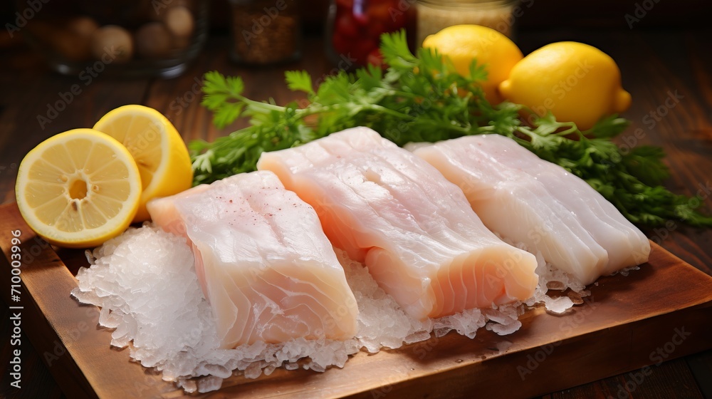 Fresh cod fillets with herbs and zesty lemon perfect for seafood lovers and culinary delights Fresh cod fillets with herbs and zesty lemon perfect for seafood lovers and culinary delights