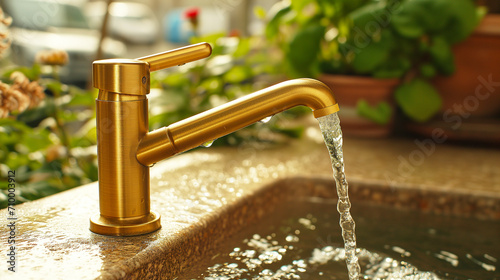 golden faucet with water flowing into a stone basin, with plants in the background