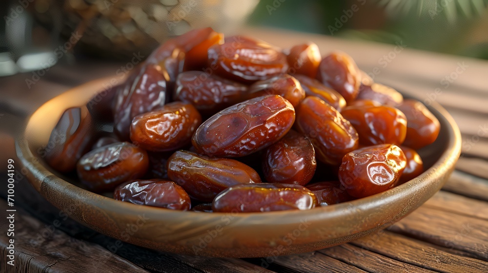 Dates fruit in a plate on a wooden table. Close up. Dates fruit in a plate on a wooden table. Close up.