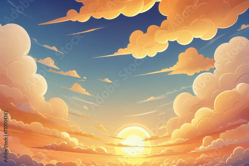 Cartoon cloudy sky background, golden sunset light
