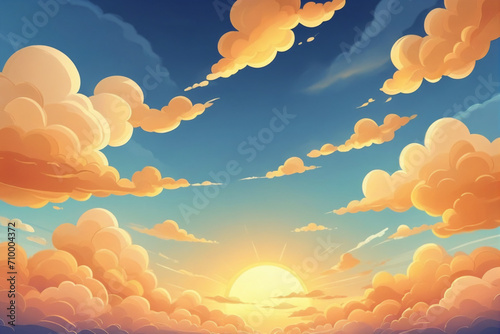 Cartoon cloudy sky background, golden sunset light