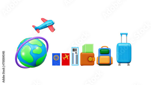 3D rendering of Travel illustrations, World, Plane, Boarding pass, Pocket money, backpack and Luggage, Time to travel around the world