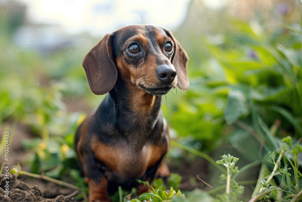 portrait of a dachshund in a green forest 