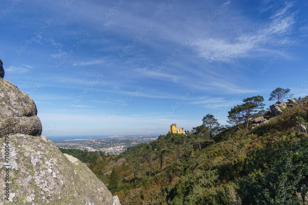 Landscape with Parque Nacional da Pena at the palace of Pena on top of a hill between forest in Sintra. Lisbon, Portugal