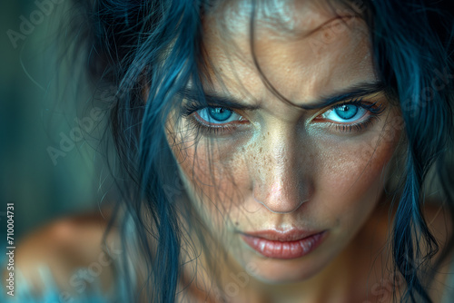 Intense Gaze of a Woman with Blue Tresses