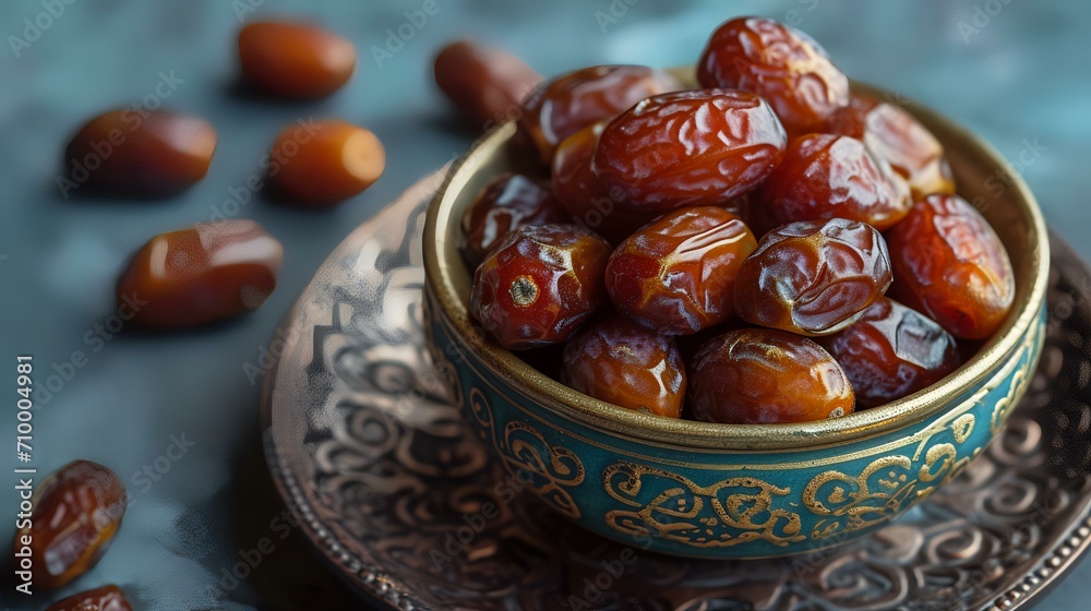 Dates fruits in a bowl on a wooden table, close up Dates fruits in a bowl on a wooden table, close up