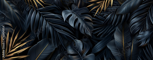 Luxury abstract black art background with dark and gold tropical leaves in line style
