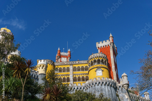 Facade of national Palace of Pena with red tower, Sintra, Lisbon, Portugal