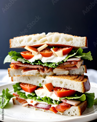 An AI image depicting a two-layered sandwich with ham and vegetables