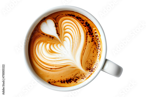 Top view of hot Coffee with a barista art heart shape isolated on a white background, Valentine's Day Concept