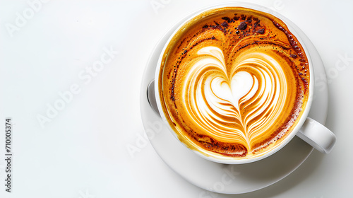 Top view of hot Coffee with a barista art heart shape isolated on a white background, Valentine's Day Concept photo