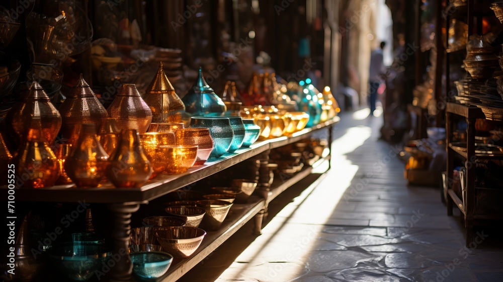 Vibrant middle eastern bazaar with colorful tents, rugs, and spices on display under the sun