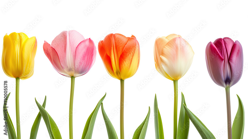 Tulips in a row isolated on a white background Tulips in a row isolated on a white background