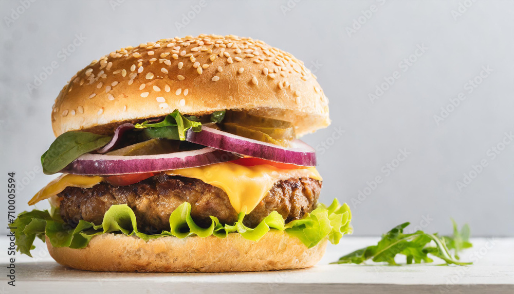 Close-up shot of a burger on white table against white background