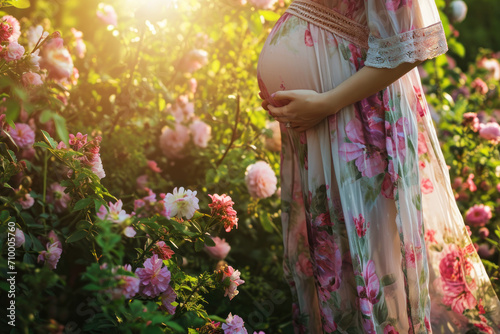 pregnant woman in the garden with flowers