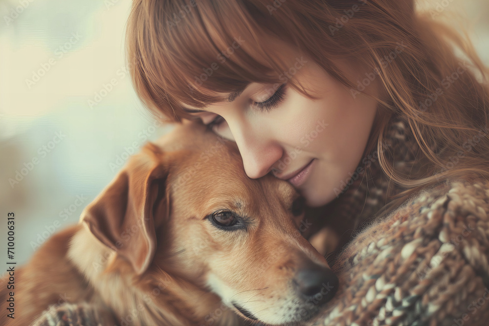 Sincere, candid portrait of a young woman cuddling her pet dog. Warm pastel colors. Cozy atmosphere
Sincere, candid portrait of a young woman cuddling her pet dog. Warm pastel colors. Cozy atmosphere