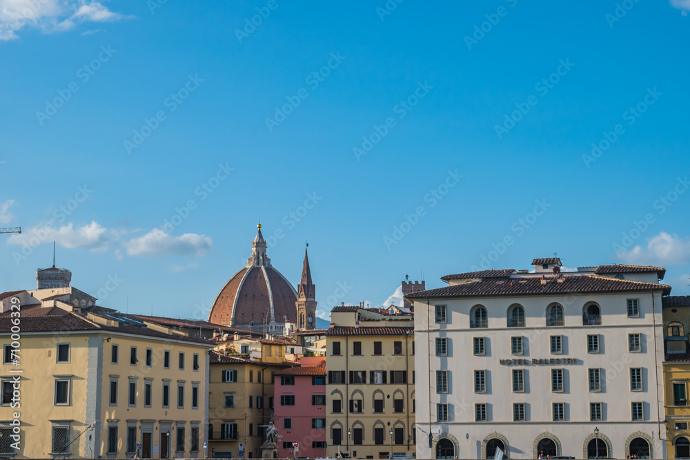 Buildings in Mentana square with towers and Duomo in the background, Florence ITALY