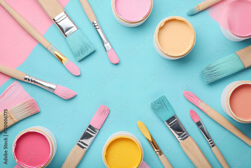 Paint brushes, paints , fine art tools pattern isolated on pastel background Paint brushes, paints , fine art tools pattern isolated on pastel background