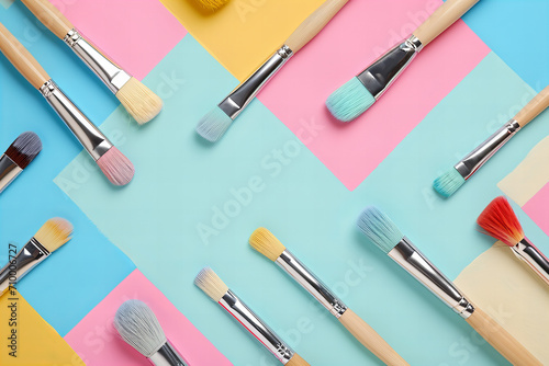 Paint brushes, paints , fine art tools pattern isolated on pastel background