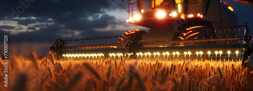 Close-up of a Large Harvesting Machine with Illuminated Lights, Working on a Wheat Field at Night