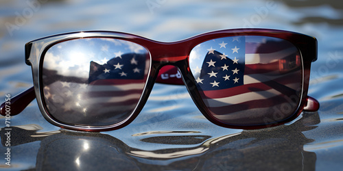 sunglasses on the snow, Dark locs wrap sunglasses, Sunglasses on the background flag of USA, Generative AI © shabnam
