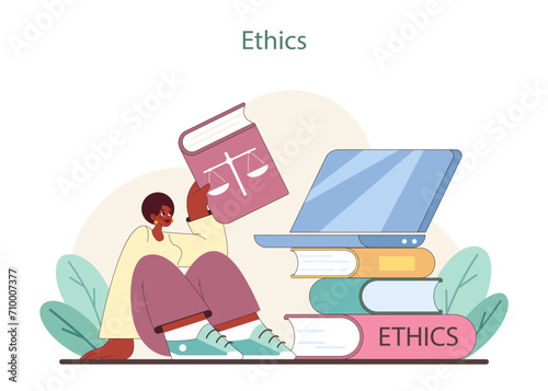 Ethics study concept. A person engrossed in literature on ethics, beside a laptop and stacked books. Pursuit of moral understanding. Flat vector illustration.