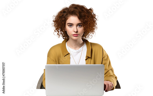 Young woman using a laptop with a focused expression isolated on transparent background.