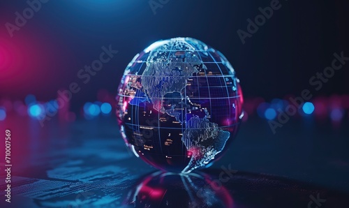 represents the global economic landscape. showcasing digital interconnected trade and commerce. Economic activities unfold seamlessly across continents
