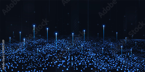 Digital technology futuristic internet network connection dark black background, blue abstract cyber information communication, Ai big data science, innovation future tech, line illustration vector 3d