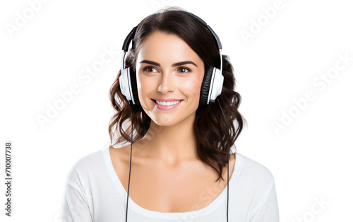 Young woman using earphone for listening music isolated on transparent background.