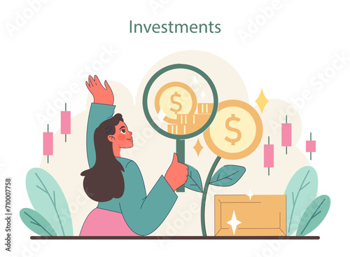 Investments concept. Charting growth through savvy investment choices. Celebrating financial gains and market understanding. Flat vector illustration.