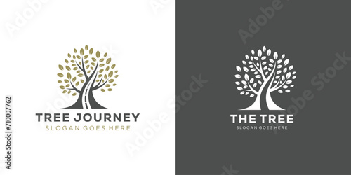 Creative Oak Tree Journey Logo. Plant, Tree, Leaf Way, Road with Modern Style. Tree Logo Icon Symbol Vector Design Template.