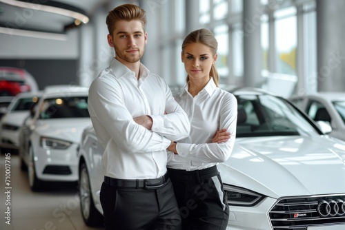 Young woman car dealership dealer talking to customer buyer salesman chat talk client manager discussion successful transportation services retail buying new vehicle rent leasing sale businesswoman © Yuliia