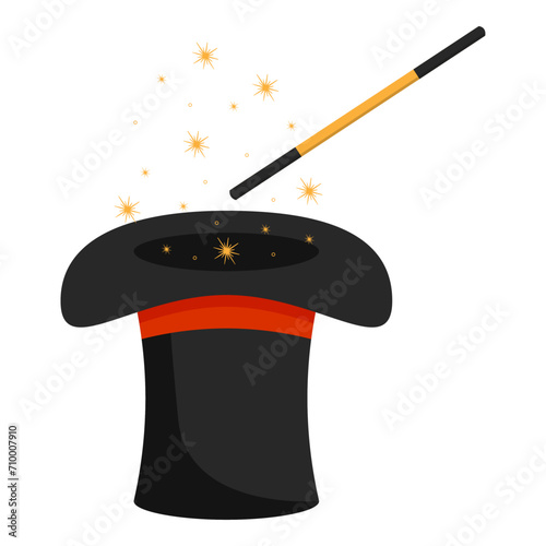 Magic hat with wand and stars. Vector illustration.