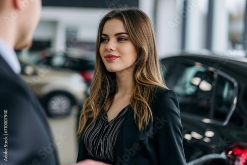 Young woman car dealership dealer talking to customer buyer salesman chat talk client manager discussion successful transportation services retail buying new vehicle rent leasing sale businesswoman © Yuliia