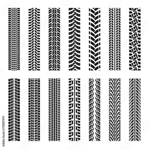 Set of car tire tracks. Tire treads, silhouette of tread marks for cars and vehicles. Vector illustration.
