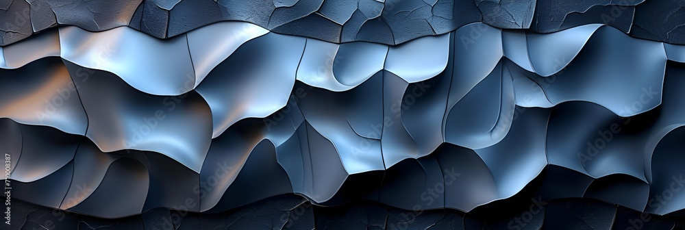 Obraz premium Three-Dimensional Shapes Crafted from Black Metal Pieces in an Abstract-Creation Style, Featuring Dark Blue Shiny Finishes, Multi-Layered Surfaces, Angular Drama, Stylish and Iconic