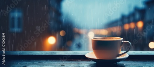 Rainy weather, cup of drink on windowsill with space for text.