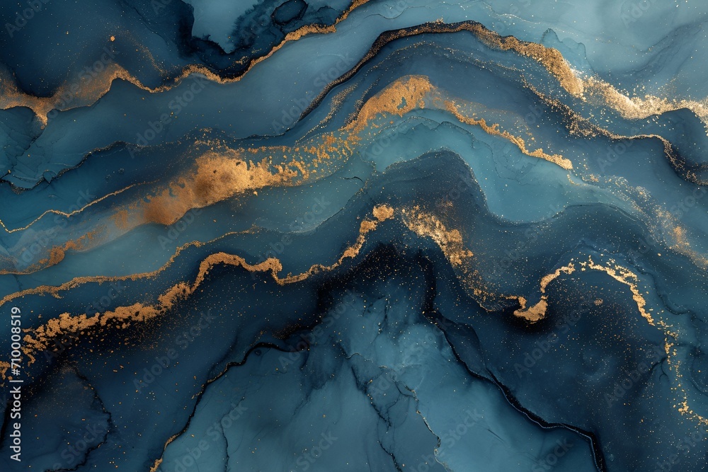 Fototapeta premium Green, Blue, and Gold Abstract Painting in Fluid Ink Style, Detailed Backgrounds, Dark Azure and Black, Pouring Technique, Resin Finish