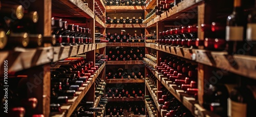 wine racks and racks of wine bottles in a storage room Generative AI photo