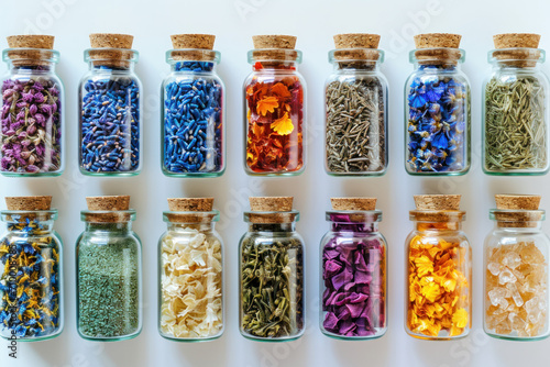 glass jars full of herbs and flowers, botanical arrangement 