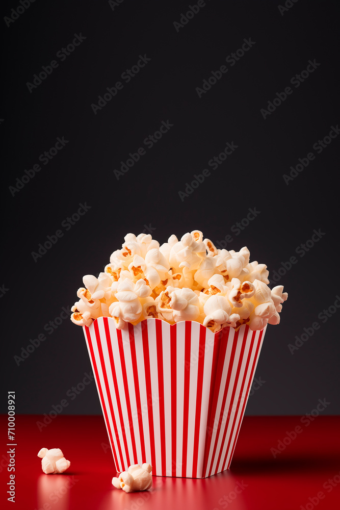 red white paper bucket full of popcorn on isolated. cine. film. 