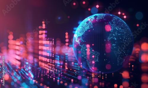 represents the global economic landscape. showcasing digital interconnected trade and commerce. Economic activities unfold seamlessly across continents