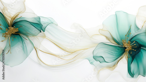 Marbled backgroud, green, turquoise, golden abstract, luxurious, elegant, marble stone texture with green blossoms or flowers isolated on white background